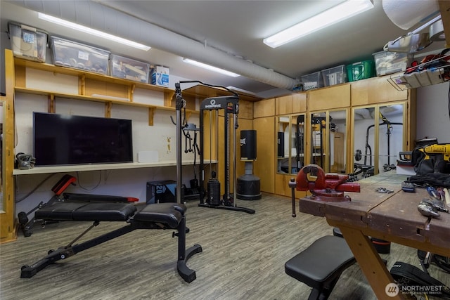 exercise room featuring wood finished floors