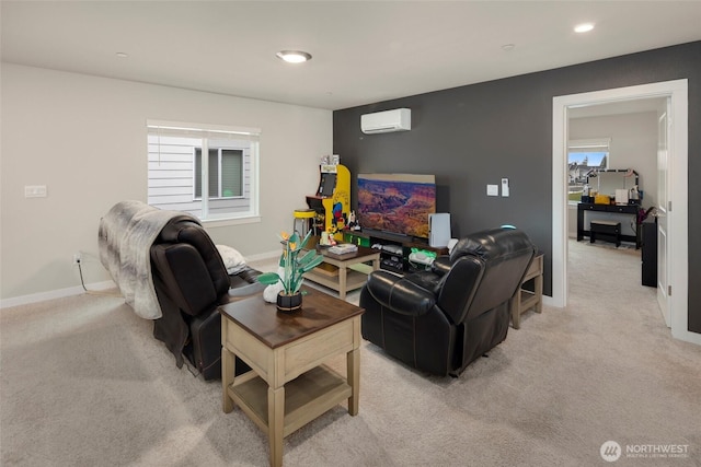 living area with light carpet, recessed lighting, baseboards, and a wall unit AC