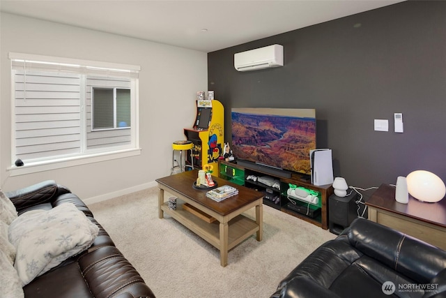 living room with a wall mounted air conditioner, baseboards, and carpet flooring