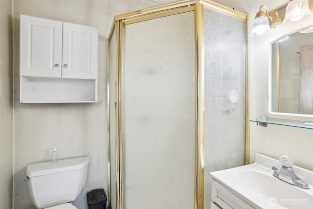 bathroom with vanity, toilet, and a shower stall