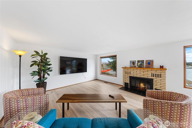 living room with a fireplace and wood finished floors