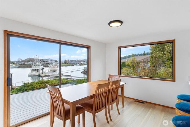 dining room with visible vents, light wood-type flooring, baseboards, and a water view