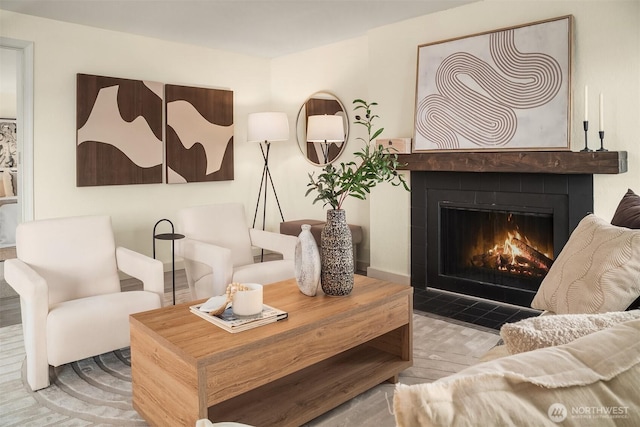 living room featuring wood finished floors and a fireplace