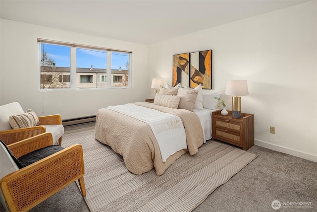 bedroom with a baseboard radiator, light carpet, and baseboards