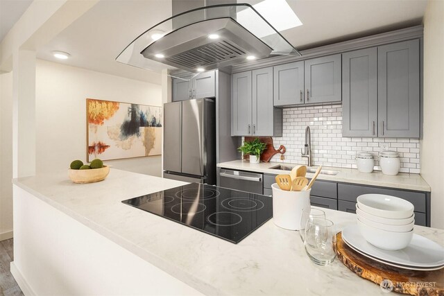 kitchen featuring appliances with stainless steel finishes, exhaust hood, gray cabinetry, and a sink