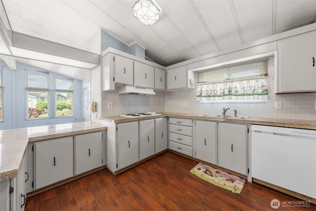 1402 22nd St NE Unit 402, Auburn, WA 98002 - kitchen featuring a sink, lofted ceiling, white appliances, under cabinet range hood, and backsplash