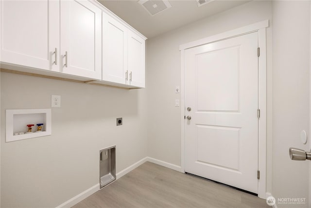 laundry area featuring washer hookup, cabinet space, light wood finished floors, baseboards, and hookup for an electric dryer