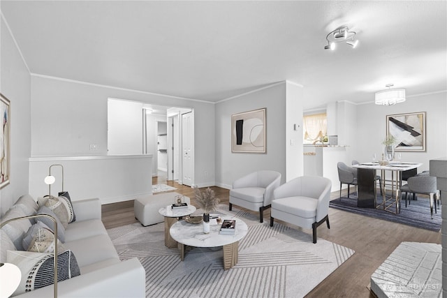 living area featuring ornamental molding, baseboards, and wood finished floors