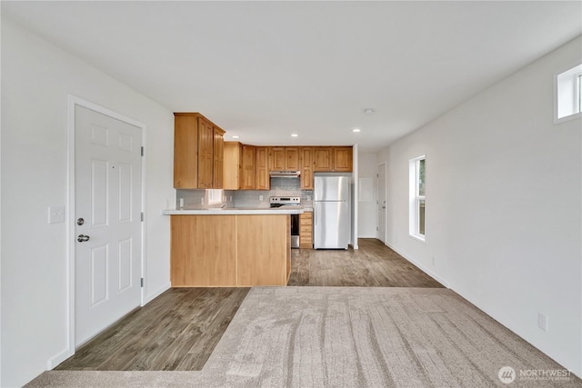 kitchen with wood finished floors, a peninsula, light countertops, appliances with stainless steel finishes, and tasteful backsplash