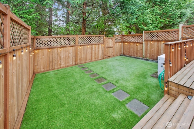 view of yard featuring a fenced backyard and a wooden deck