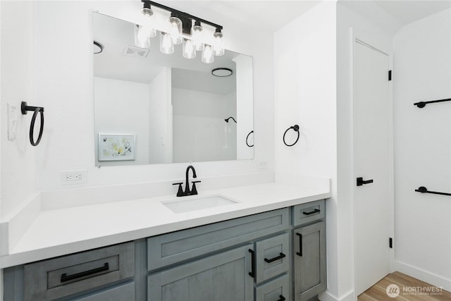 bathroom featuring vanity, wood finished floors, and visible vents