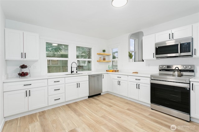 kitchen featuring a wealth of natural light, appliances with stainless steel finishes, light wood-style floors, and a sink