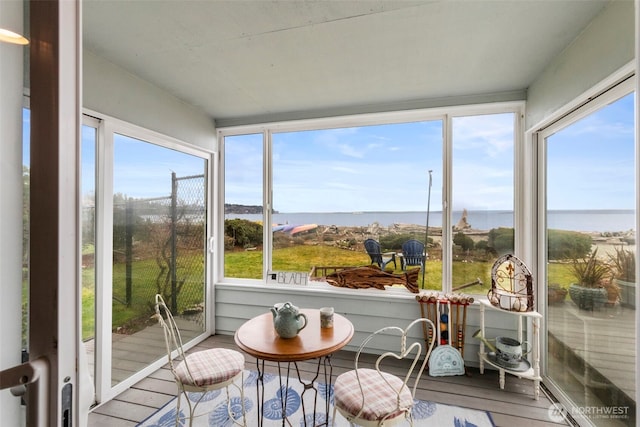 sunroom featuring a water view, wood finished floors, and a healthy amount of sunlight