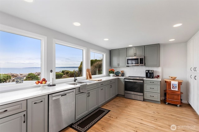 kitchen with light wood-type flooring, backsplash, gray cabinetry, stainless steel appliances, and a sink