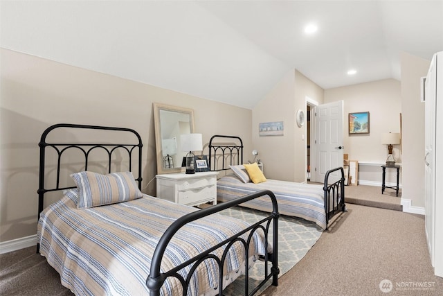 carpeted bedroom with recessed lighting, baseboards, and lofted ceiling