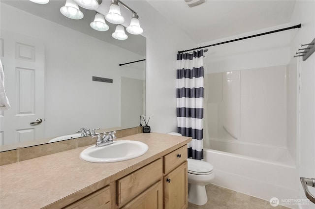 bathroom featuring tile patterned flooring, toilet, vanity, and shower / bath combination with curtain