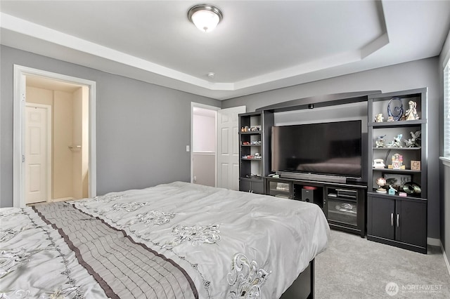 carpeted bedroom featuring a tray ceiling