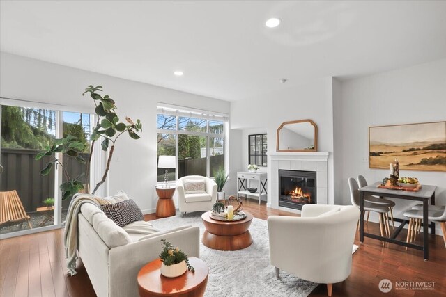 living area featuring a fireplace, recessed lighting, and wood finished floors