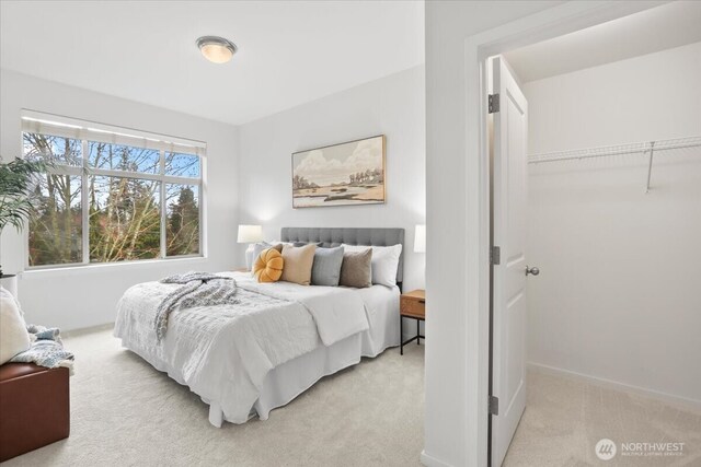 bedroom featuring a closet and light carpet