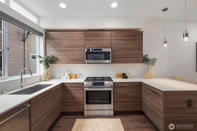 kitchen featuring a peninsula, dark wood-style flooring, a sink, stainless steel appliances, and light countertops