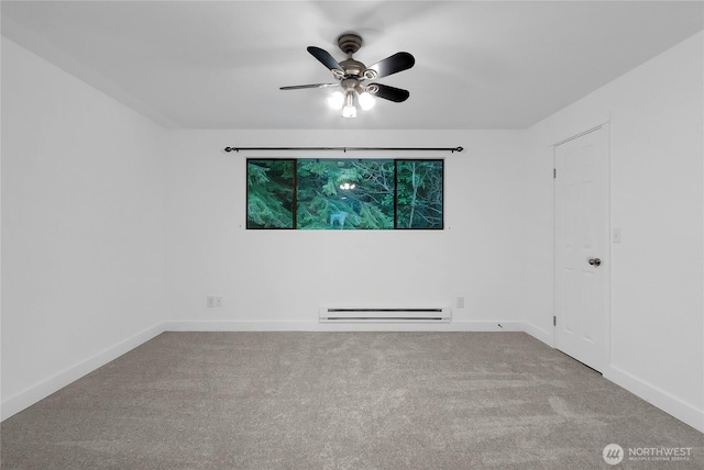 carpeted empty room with a baseboard heating unit, baseboards, and ceiling fan