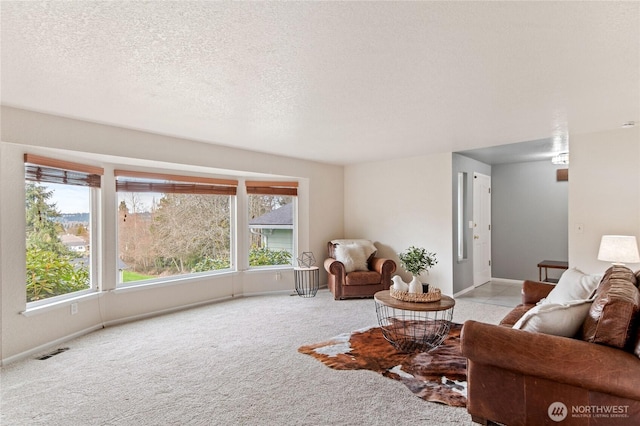 living area with carpet flooring, baseboards, visible vents, and a textured ceiling