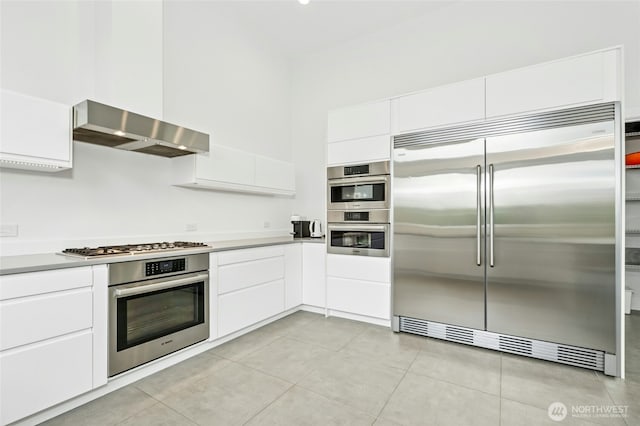 kitchen with white cabinets, stainless steel appliances, wall chimney exhaust hood, and modern cabinets