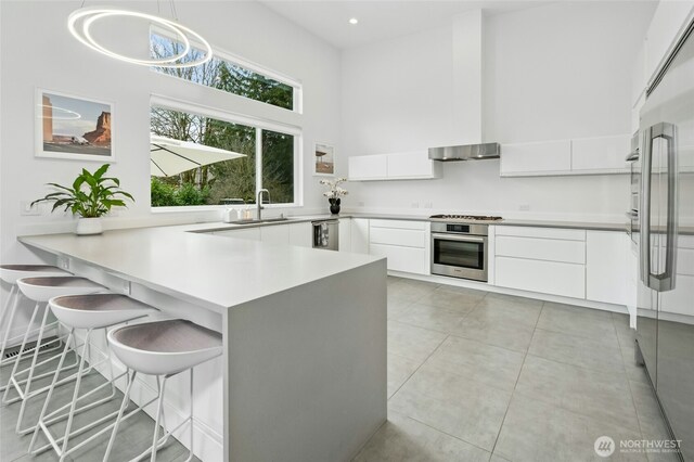 kitchen featuring a high ceiling, modern cabinets, appliances with stainless steel finishes, and a sink