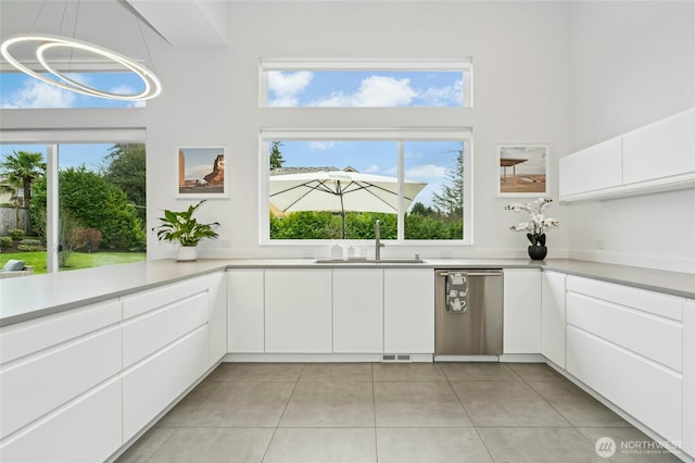 kitchen with a sink, stainless steel dishwasher, a wealth of natural light, and light countertops