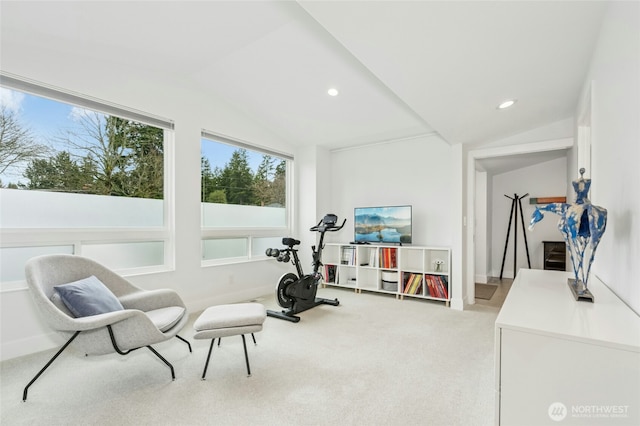 exercise area featuring vaulted ceiling, carpet flooring, and recessed lighting