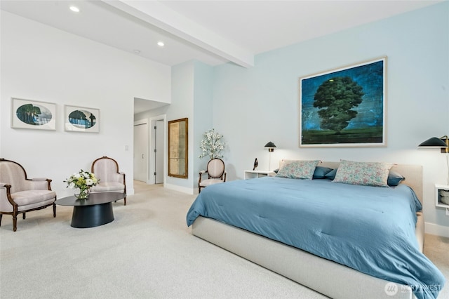 carpeted bedroom featuring beam ceiling, recessed lighting, and baseboards