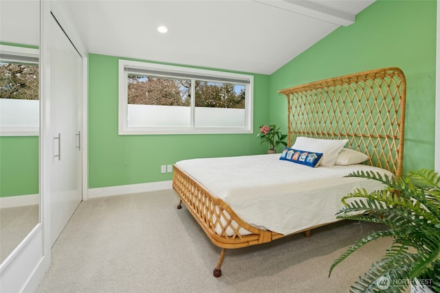 carpeted bedroom with recessed lighting, vaulted ceiling with beams, and baseboards