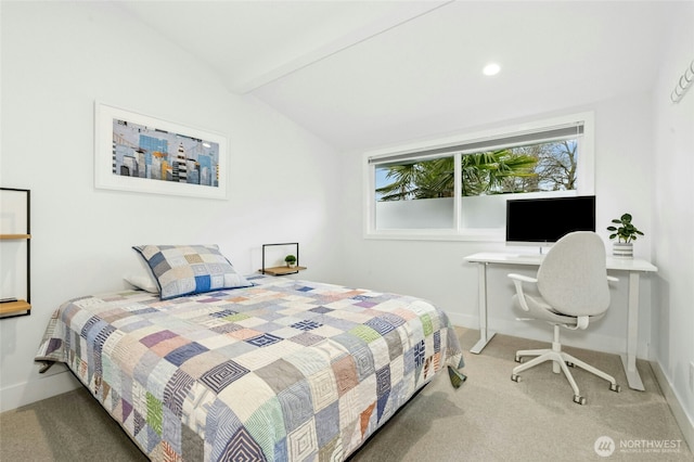 carpeted bedroom with vaulted ceiling with beams and baseboards