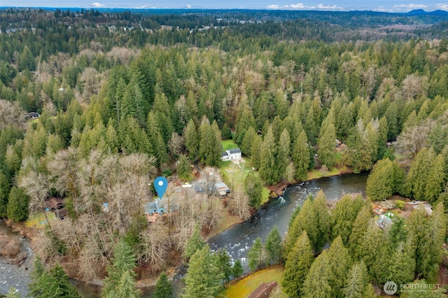 drone / aerial view featuring a view of trees and a water view