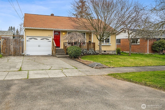 ranch-style home featuring a front yard, driveway, an attached garage, covered porch, and crawl space