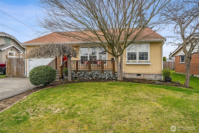 ranch-style home with a front yard, driveway, an attached garage, covered porch, and crawl space