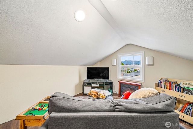 living room featuring lofted ceiling and a textured ceiling