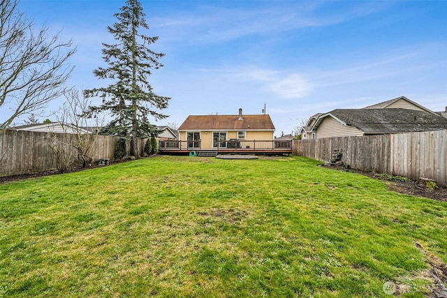 view of yard with a wooden deck and a fenced backyard