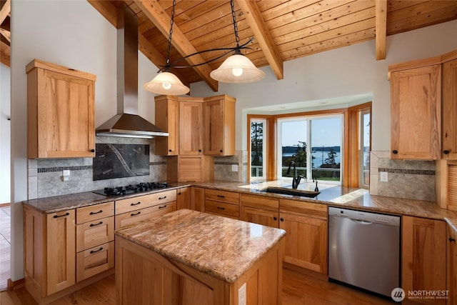6065 Central Ave, Anacortes, WA 98221 - kitchen featuring lofted ceiling with beams, a sink, wall chimney range hood, black gas stovetop, and stainless steel dishwasher