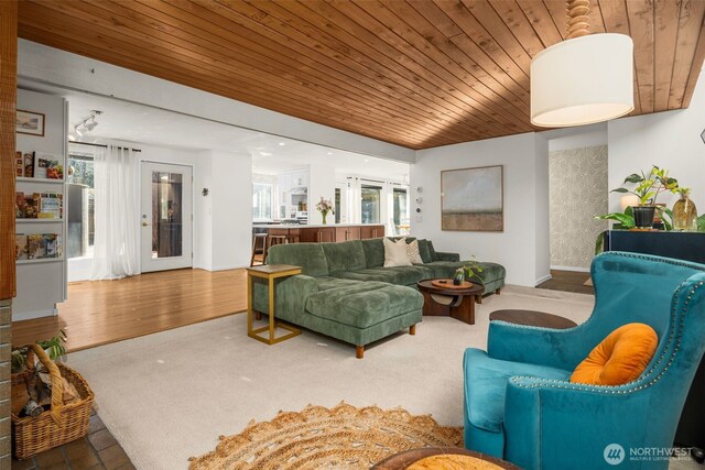 carpeted living area featuring wooden ceiling and baseboards