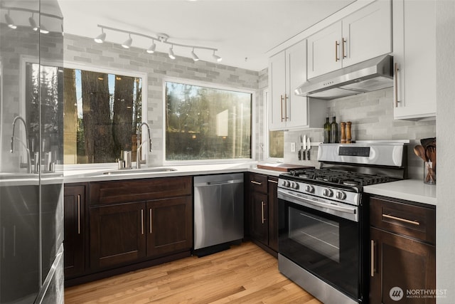 kitchen with under cabinet range hood, light countertops, stainless steel appliances, white cabinetry, and a sink