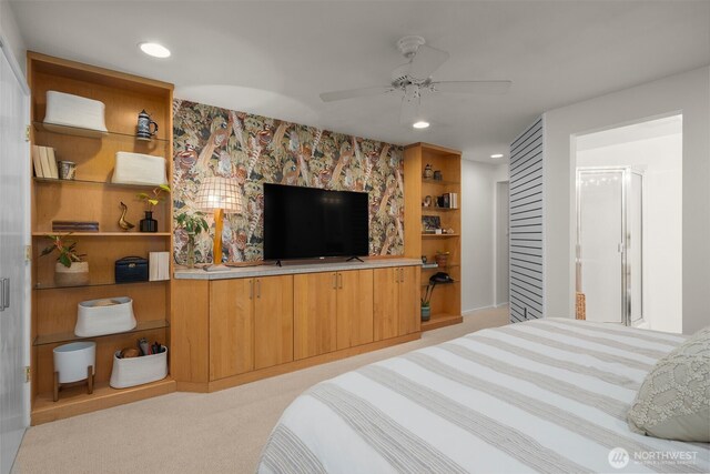 carpeted bedroom featuring recessed lighting and ceiling fan