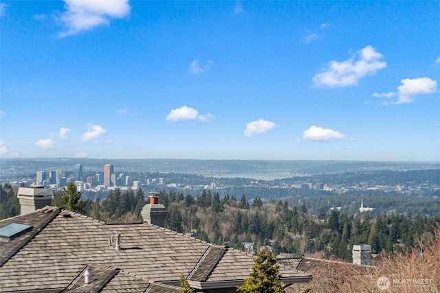 drone / aerial view featuring a view of trees