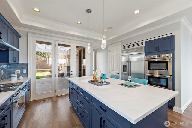 kitchen featuring blue cabinetry, crown molding, high quality appliances, and a raised ceiling