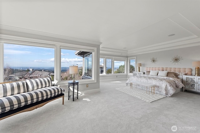 bedroom featuring baseboards, carpet flooring, and crown molding