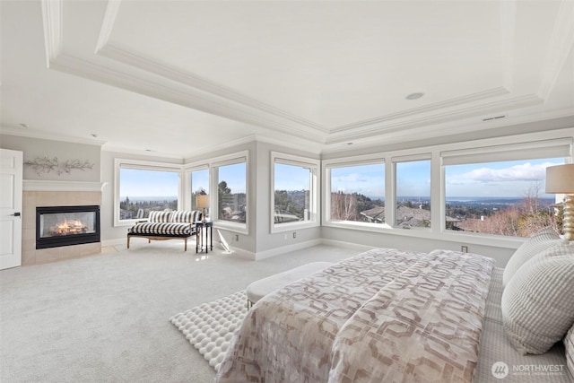 bedroom with multiple windows, a raised ceiling, and carpet