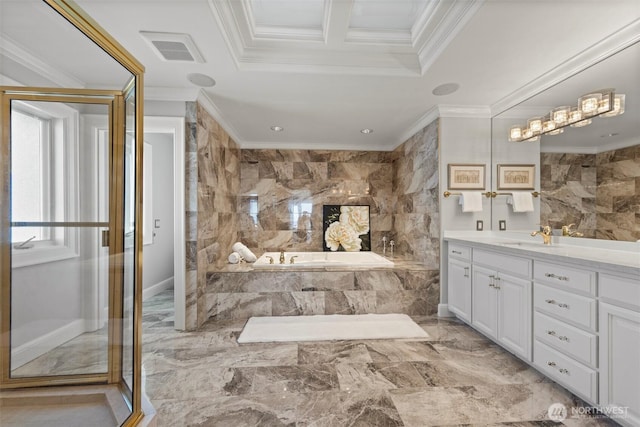 bathroom with visible vents, marble finish floor, ornamental molding, a bath, and vanity