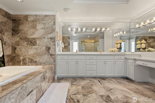 full bath with a garden tub, a shower stall, and crown molding