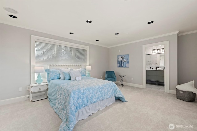 bedroom featuring baseboards, light carpet, and ornamental molding