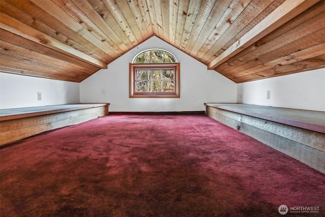 additional living space featuring wood ceiling, lofted ceiling, and carpet floors